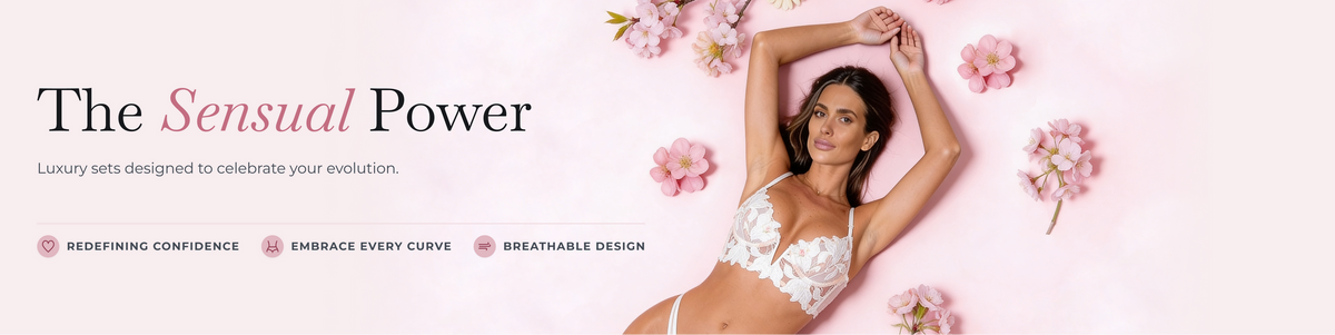 The Sensual Power — white floral lingerie on a pink blossom background